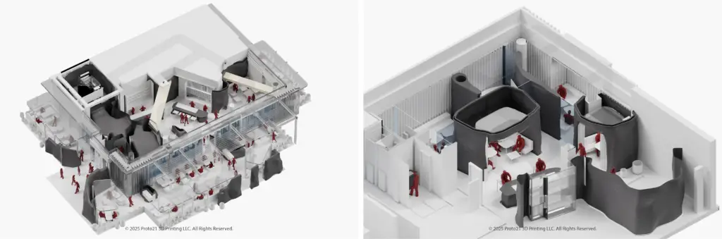 MYATA Restoranı ve 3D baskının genel görünümünü göstermek için 3D İllüstrasyon